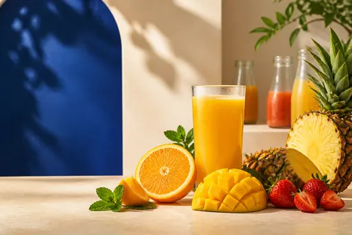 Composição ilustrativa com suco, laranja, manga, abacaxi e morangos